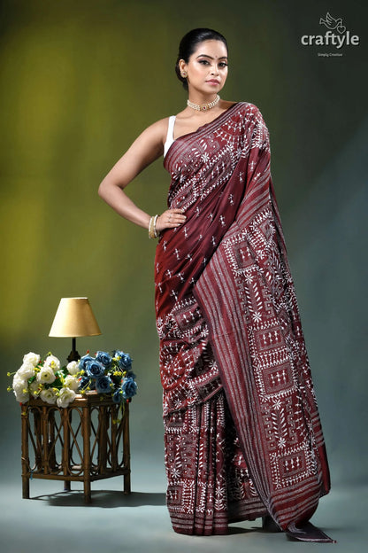 Wine hand embroidered kantha silk saree - white thread warli design maroon white patterned saree intricate 4