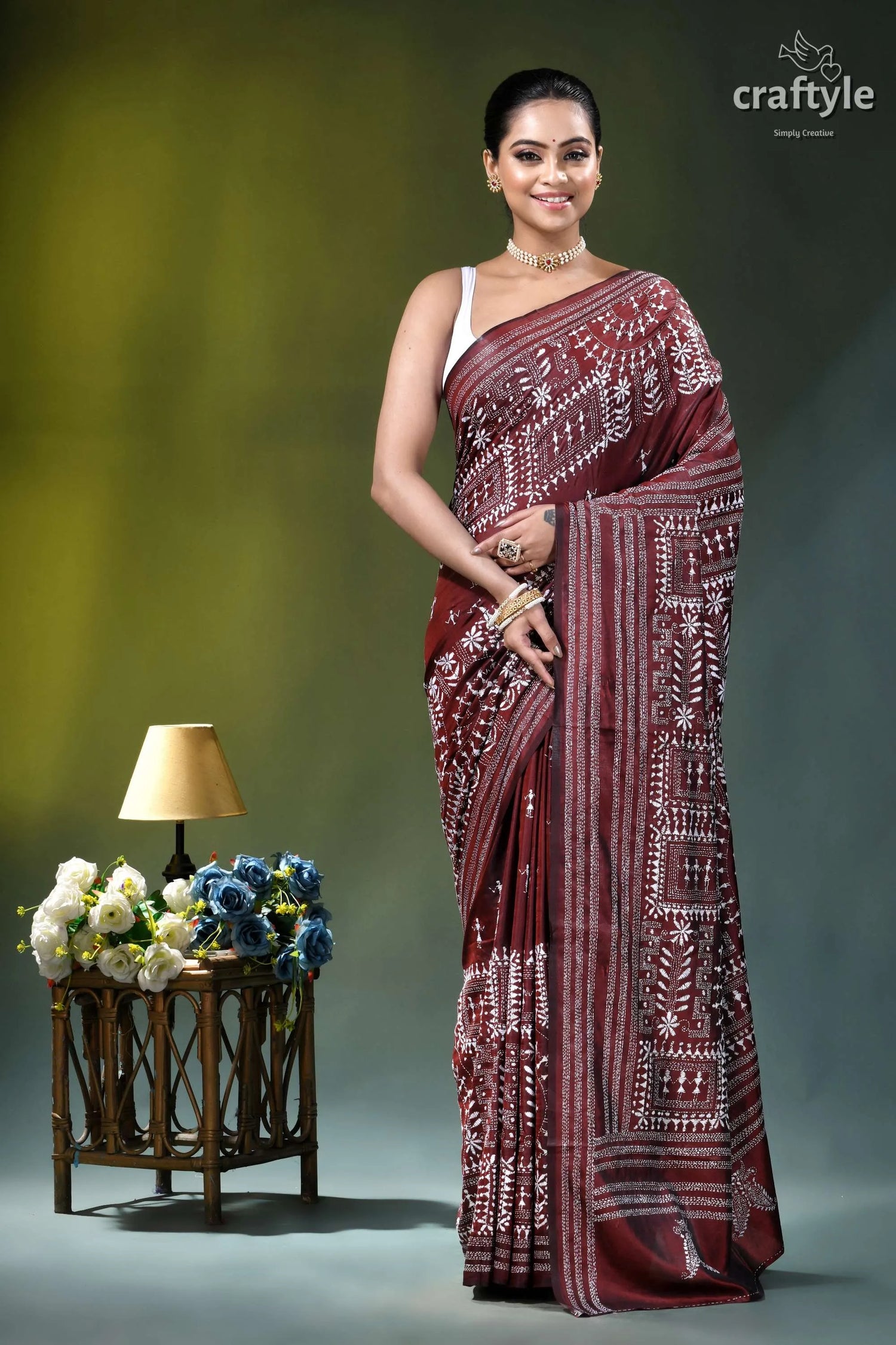 Wine hand embroidered kantha silk saree - white thread warli design maroon saree intricate white silver 1