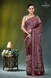 Wine hand embroidered kantha silk saree - white thread warli design maroon saree intricate white silver 1