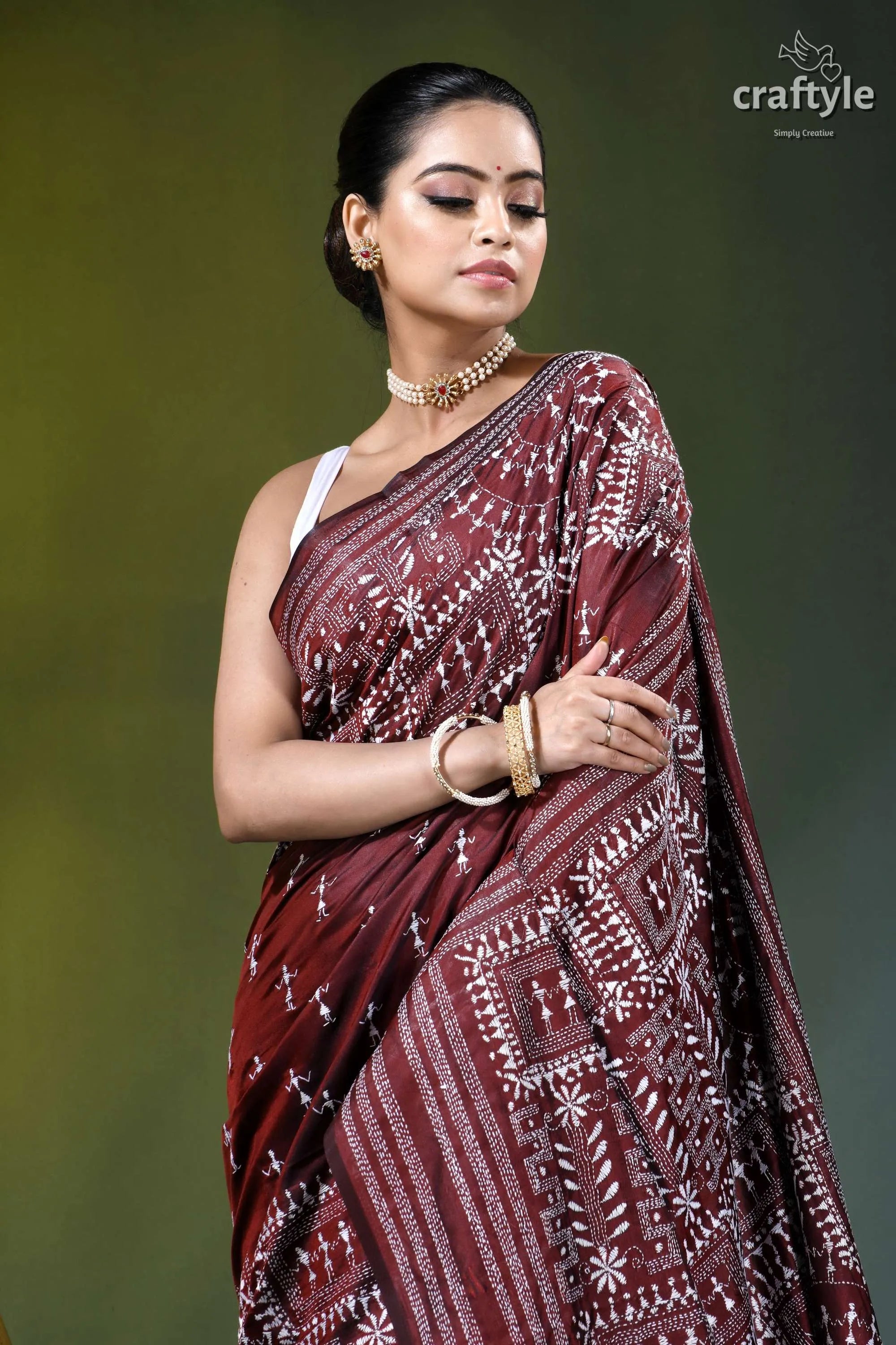 Wine hand embroidered kantha silk saree - white thread warli design maroon saree intricate white geometric 2