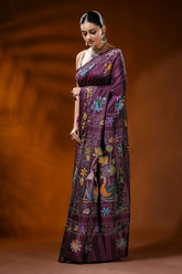 Wine hand embroidered kantha silk saree with swan and lotus design 3