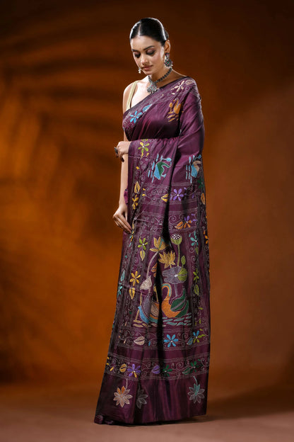 Wine hand embroidered kantha silk saree with swan and lotus design 3
