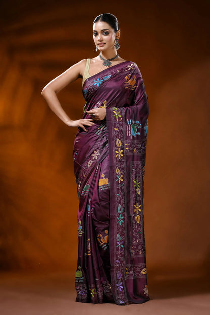 Wine hand embroidered kantha silk saree with swan and lotus design 1