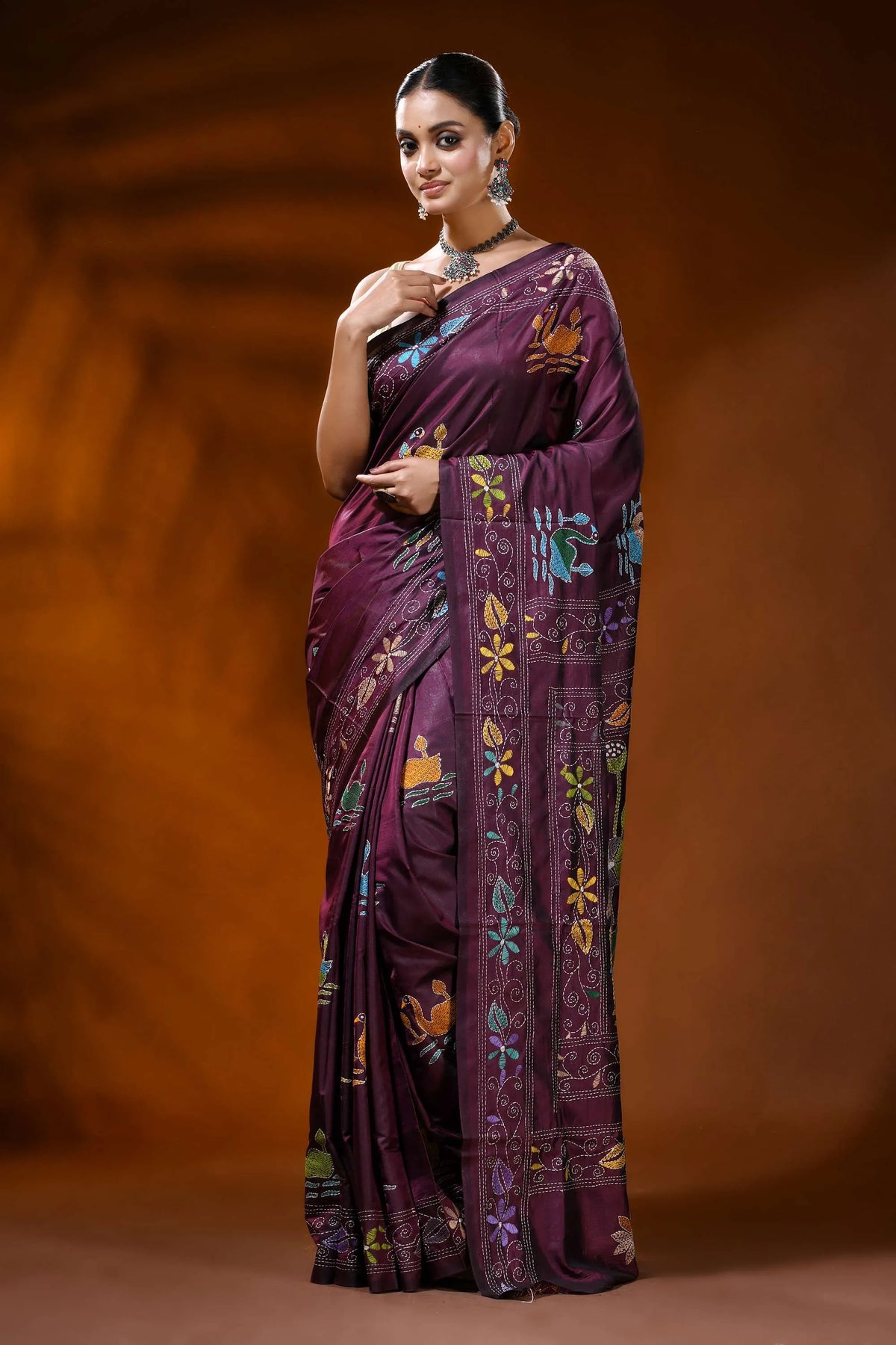 Wine hand embroidered kantha silk saree with swan and lotus design 6