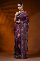 Wine hand embroidered kantha silk saree with swan and lotus design 6