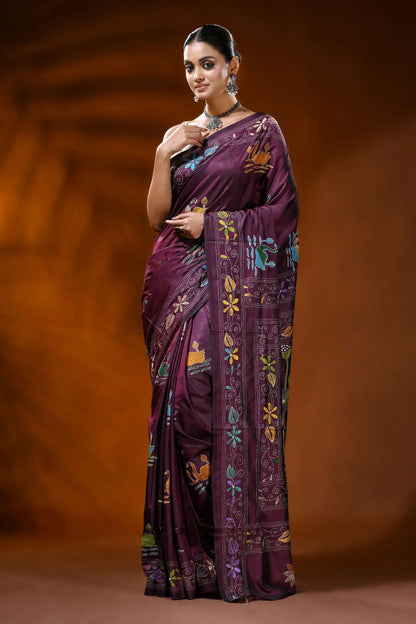Wine hand embroidered kantha silk saree with swan and lotus design 6