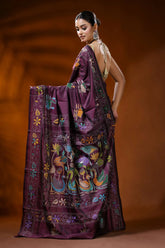 Wine hand embroidered kantha silk saree with swan and lotus design 5