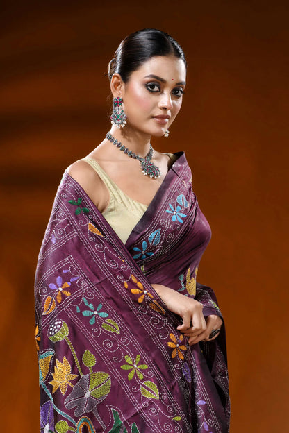 Wine hand embroidered kantha silk saree with swan and lotus design 2