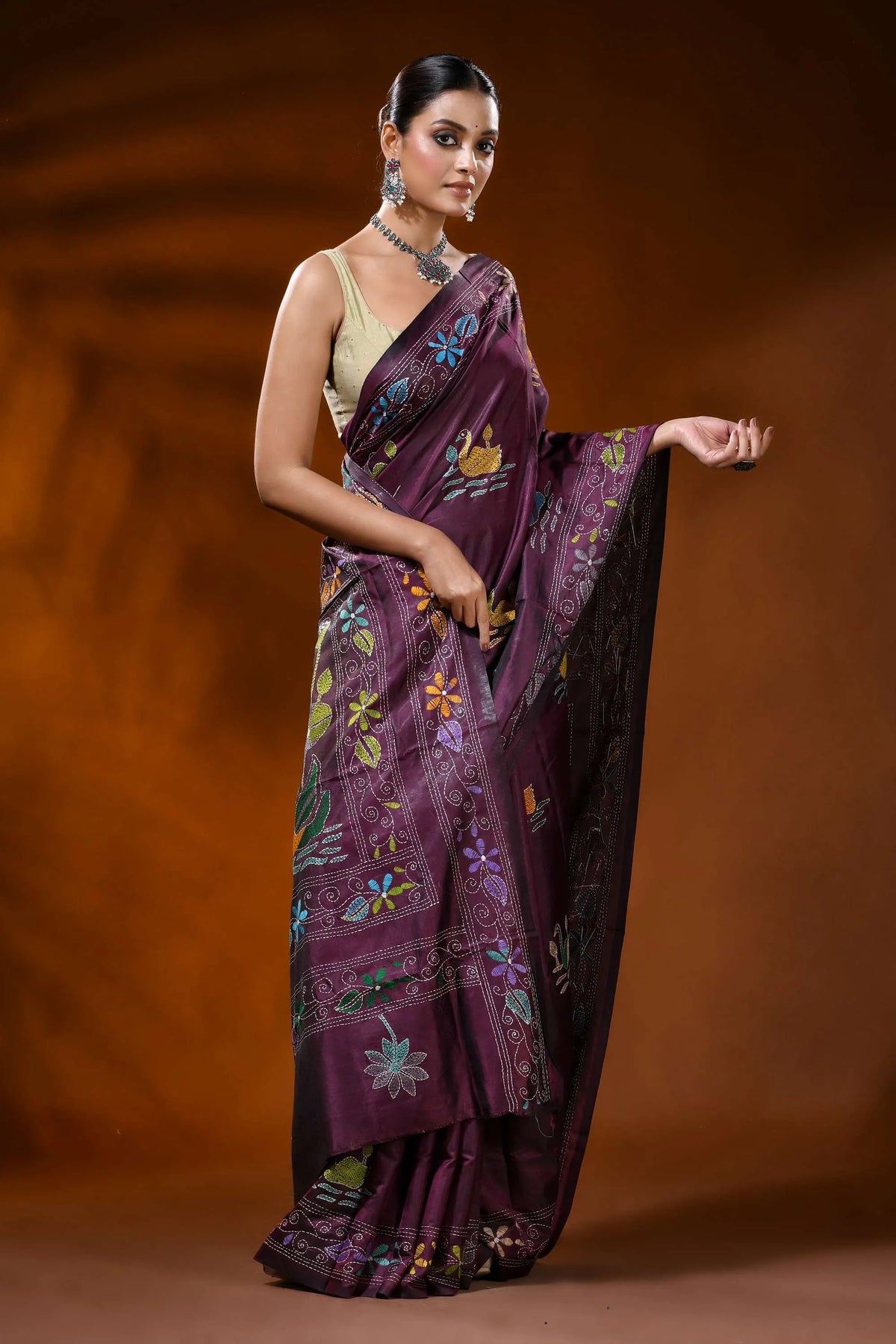 Wine hand embroidered kantha silk saree with swan and lotus design 4