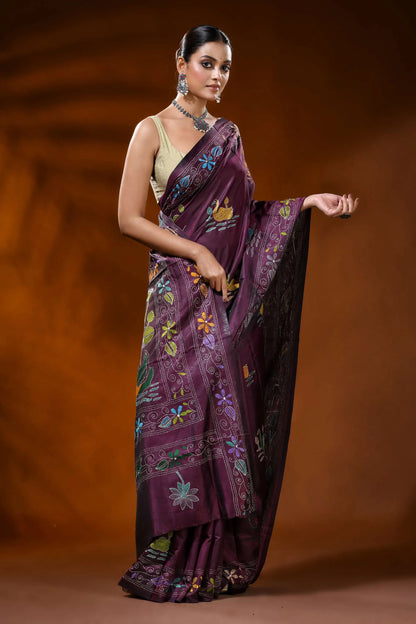 Wine hand embroidered kantha silk saree with swan and lotus design 4