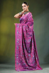 Wine hand embroidered nature theme silk kantha stitch saree vibrant magenta adorned 3