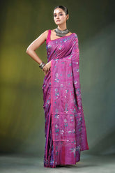 Wine hand embroidered nature theme silk kantha stitch saree vibrant magenta adorned 6