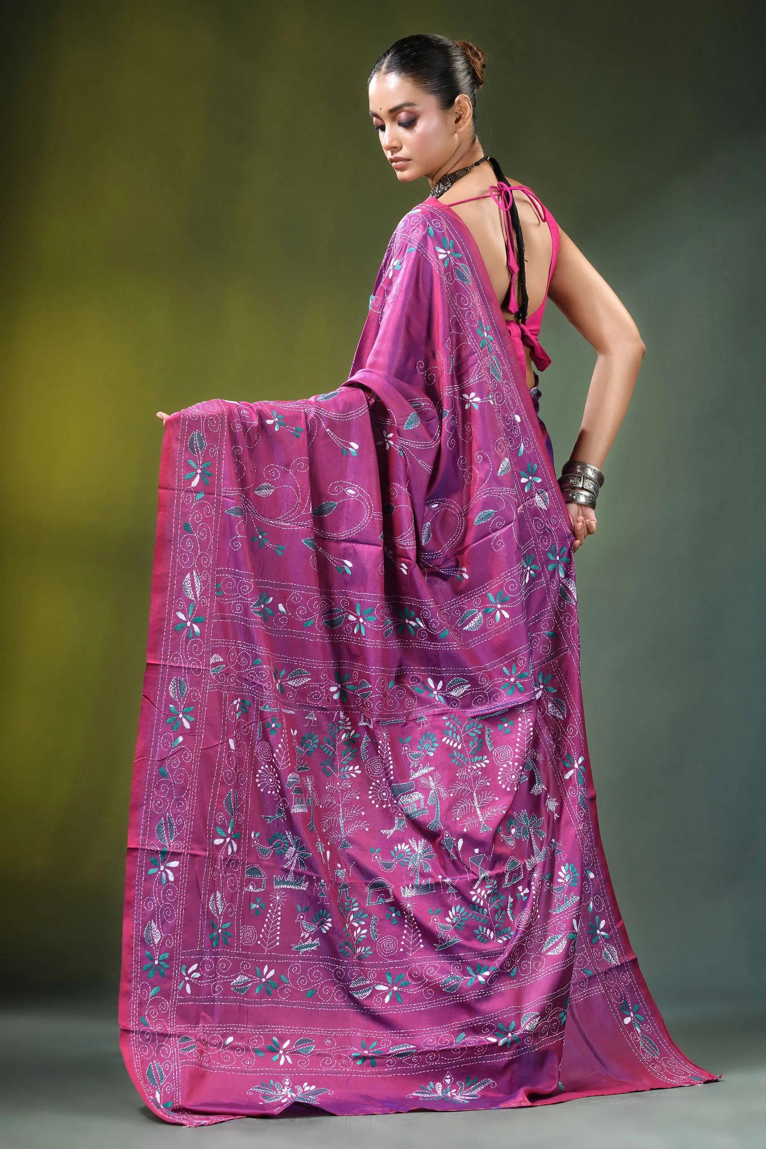 Wine hand embroidered nature theme silk kantha stitch saree vibrant magenta intricate blue 5