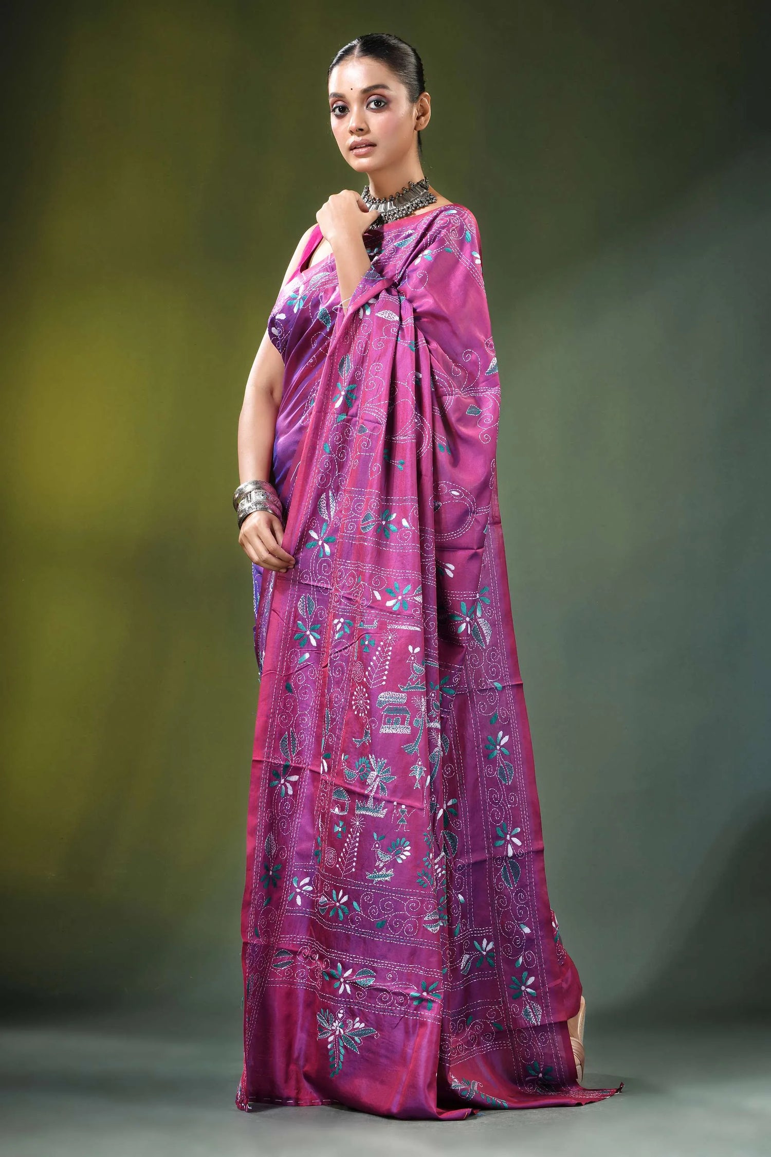 Wine hand embroidered nature theme silk kantha stitch saree vibrant magenta adorned 4