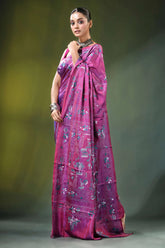 Wine hand embroidered nature theme silk kantha stitch saree vibrant magenta adorned 4