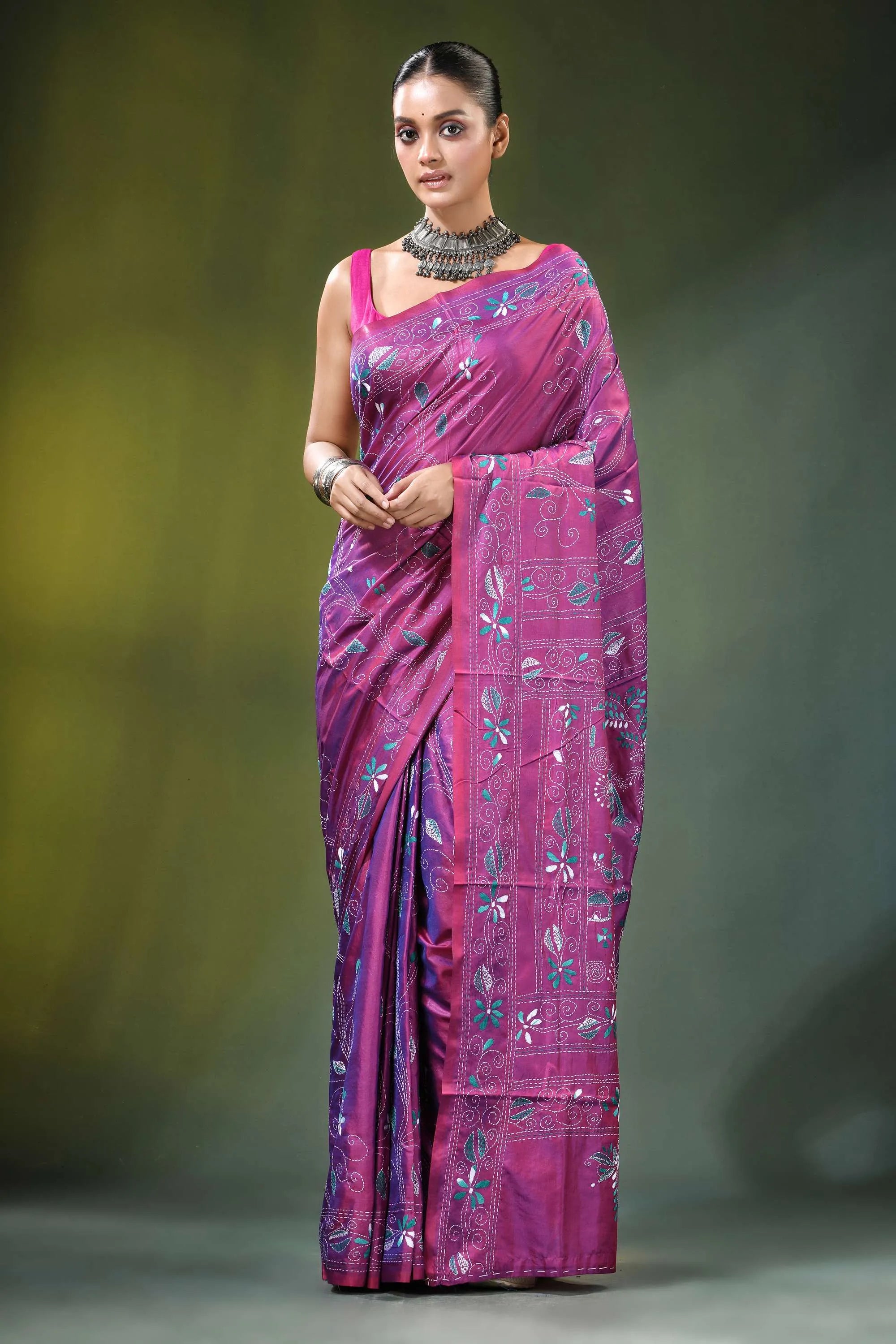 Wine hand embroidered nature theme silk kantha stitch saree vibrant magenta adorned 1