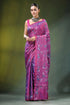 Wine hand embroidered nature theme silk kantha stitch saree vibrant magenta adorned 1