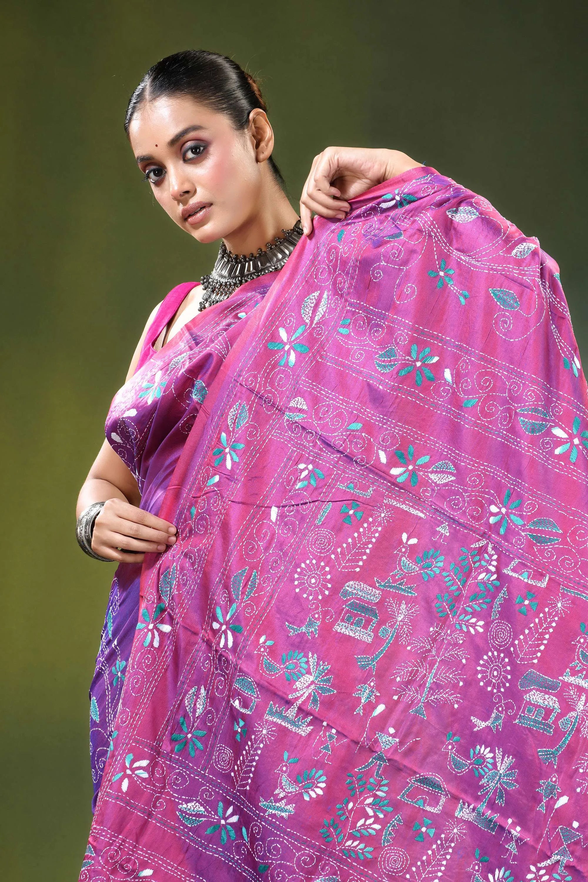 Wine hand embroidered nature theme silk kantha stitch saree vibrant pink purple intricate 2