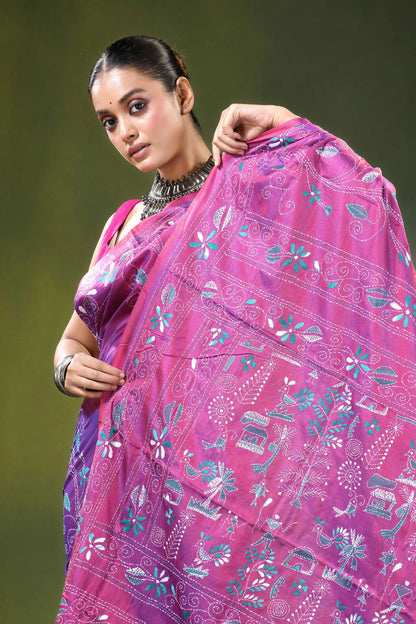Wine hand embroidered nature theme silk kantha stitch saree vibrant pink purple intricate 2