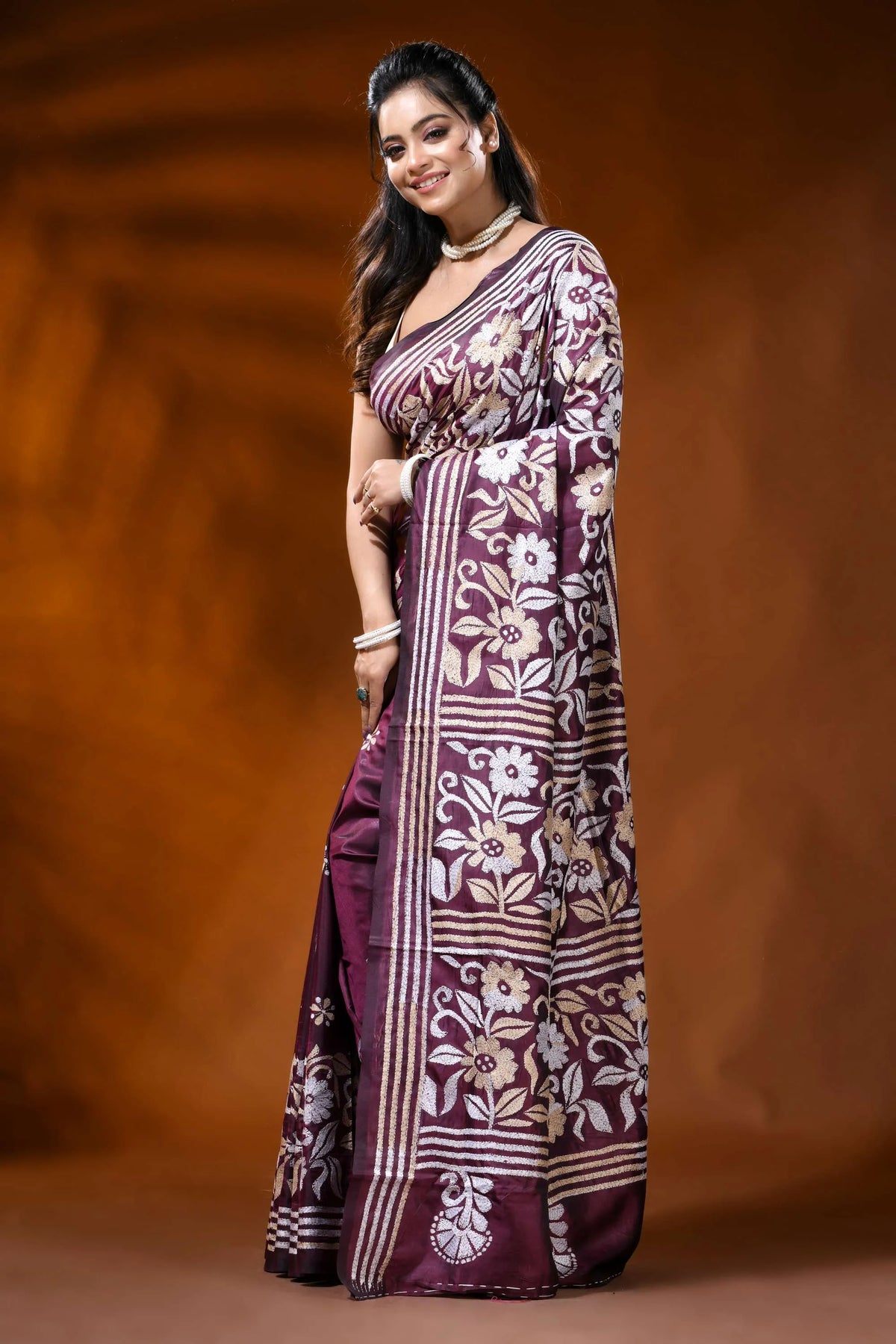 Wine handmade silk kantha saree with multicolor floral design 3