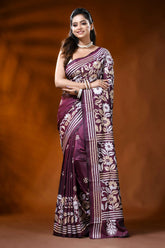Wine handmade silk kantha saree with multicolor floral design 6