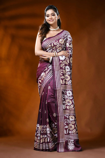 Wine handmade silk kantha saree with multicolor floral design 6