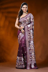Wine handmade silk kantha saree with multicolor floral design 1