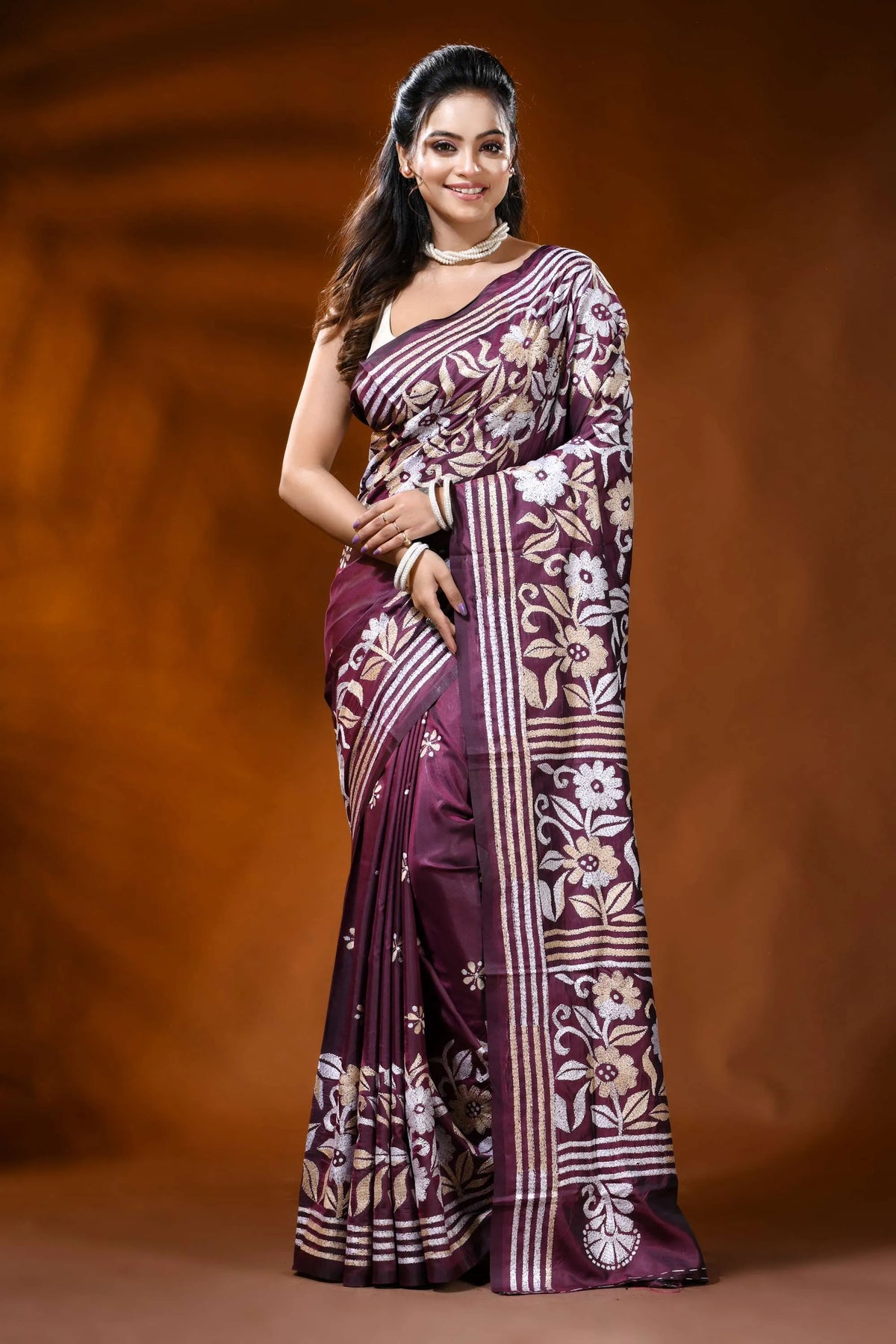 Wine handmade silk kantha saree with multicolor floral design 1