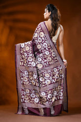 Wine handmade silk kantha saree with multicolor floral design 5