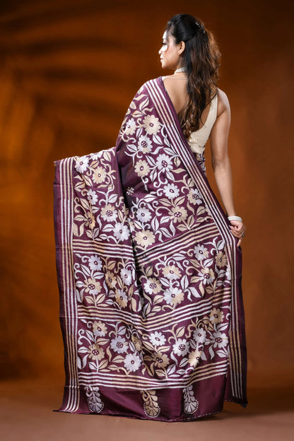Wine handmade silk kantha saree with multicolor floral design 5