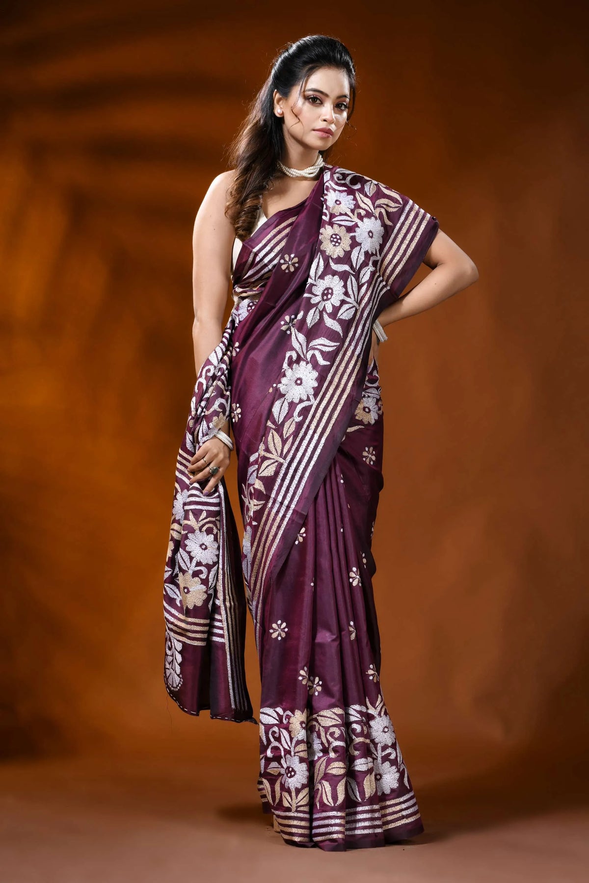 Wine handmade silk kantha saree with multicolor floral design 4