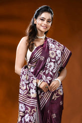 Wine handmade silk kantha saree with multicolor floral design 2