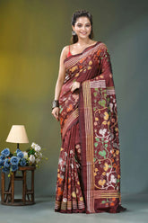Wine hibiscus flower pattern hand embroidered silk kantha saree maroon silk saree adorned intricate 1