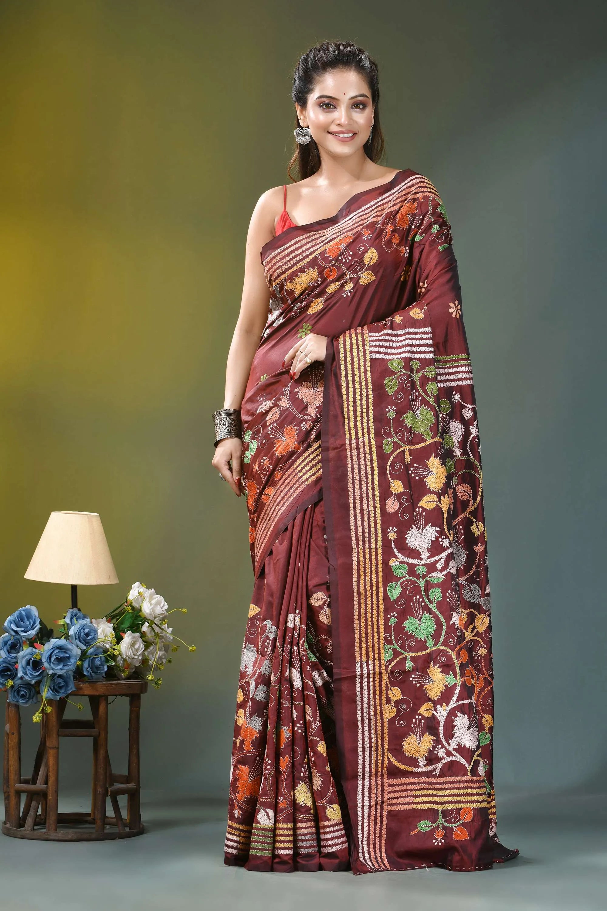 Wine hibiscus flower pattern hand embroidered silk kantha saree maroon silk saree adorned intricate 1