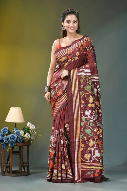 Wine hibiscus flower pattern hand embroidered silk kantha saree maroon silk saree adorned intricate 1