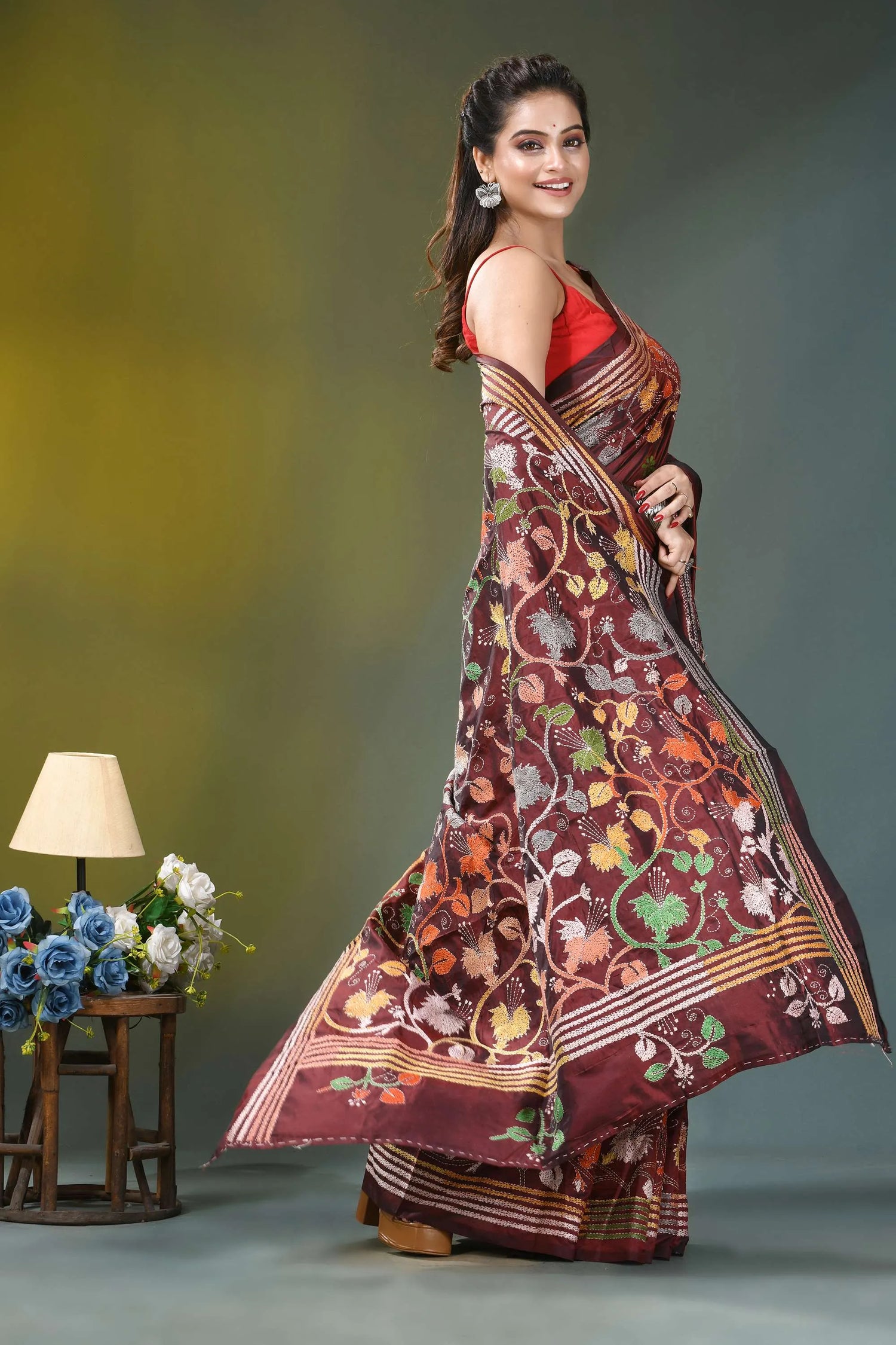 Wine hibiscus flower pattern hand embroidered silk kantha saree maroon silk saree intricate floral 5