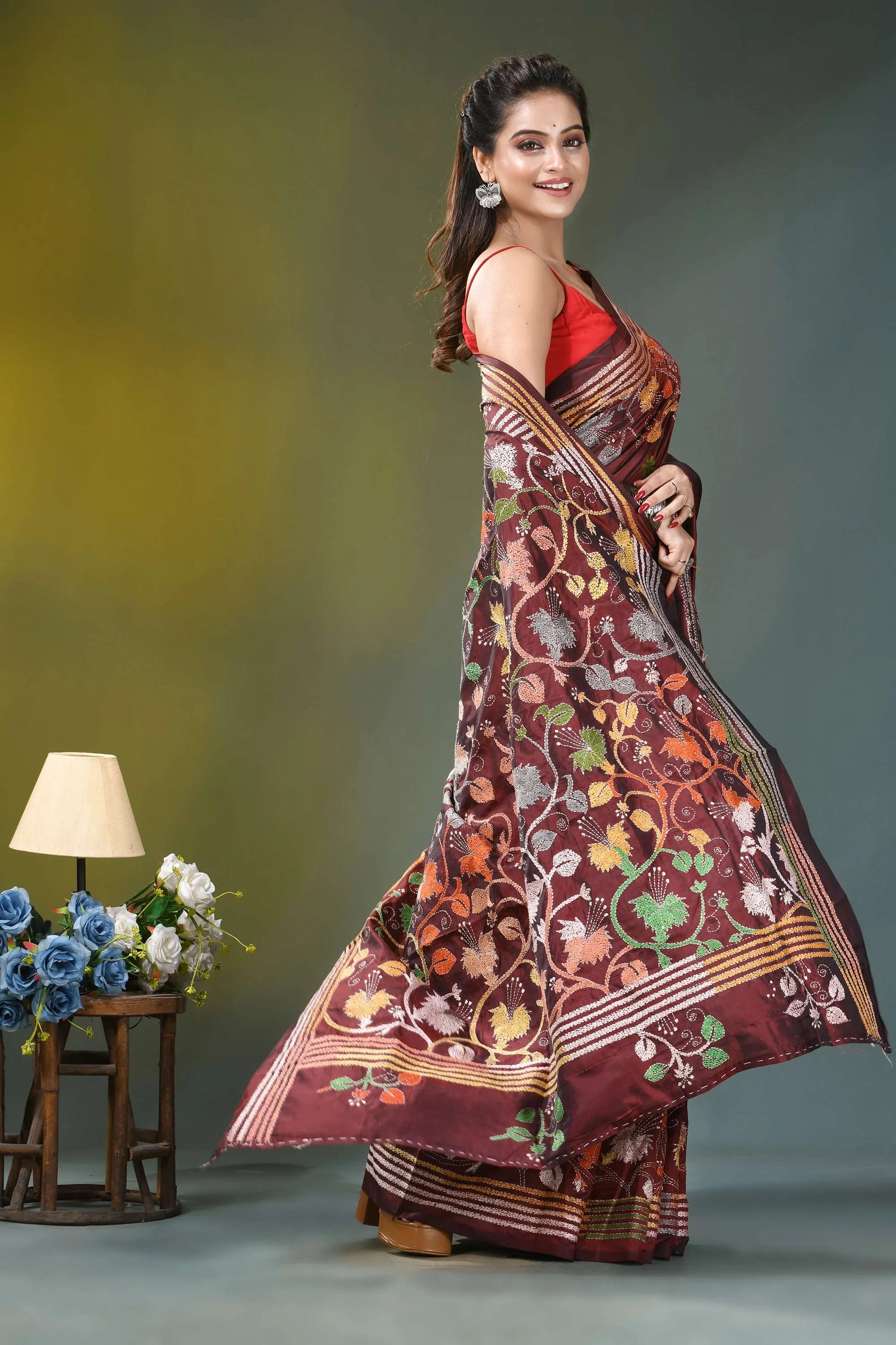 Wine hibiscus flower pattern hand embroidered silk kantha saree maroon silk saree intricate floral 5