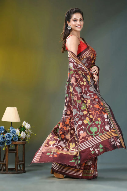 Wine hibiscus flower pattern hand embroidered silk kantha saree maroon silk saree intricate floral 5