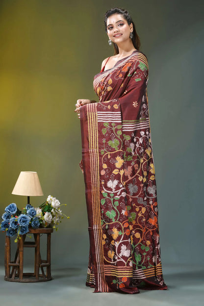 Wine hibiscus flower pattern hand embroidered silk kantha saree maroon silk saree adorned intricate 3