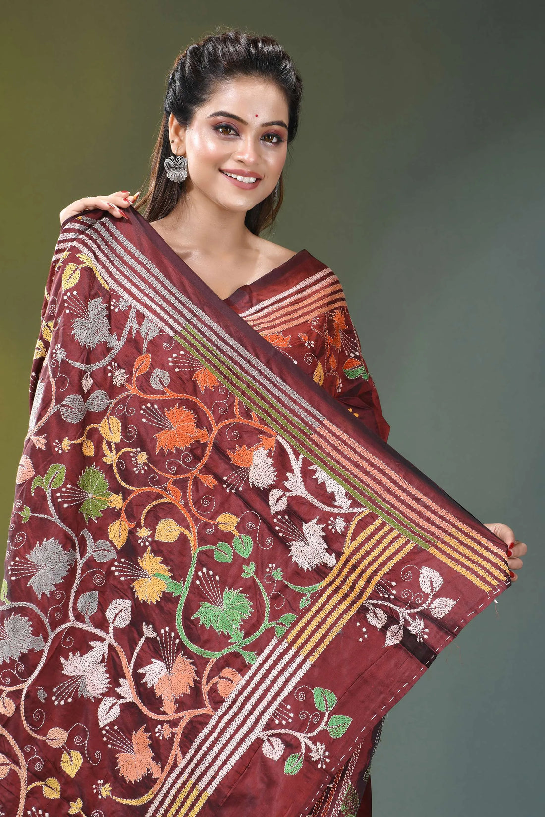 Wine hibiscus flower pattern hand embroidered silk kantha saree maroon silk saree intricate floral 2