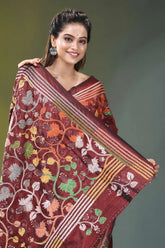 Wine hibiscus flower pattern hand embroidered silk kantha saree maroon silk saree intricate floral 2