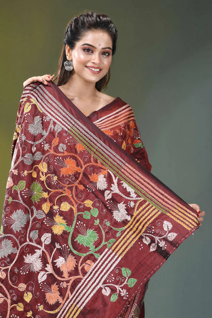 Wine hibiscus flower pattern hand embroidered silk kantha saree maroon silk saree intricate floral 2