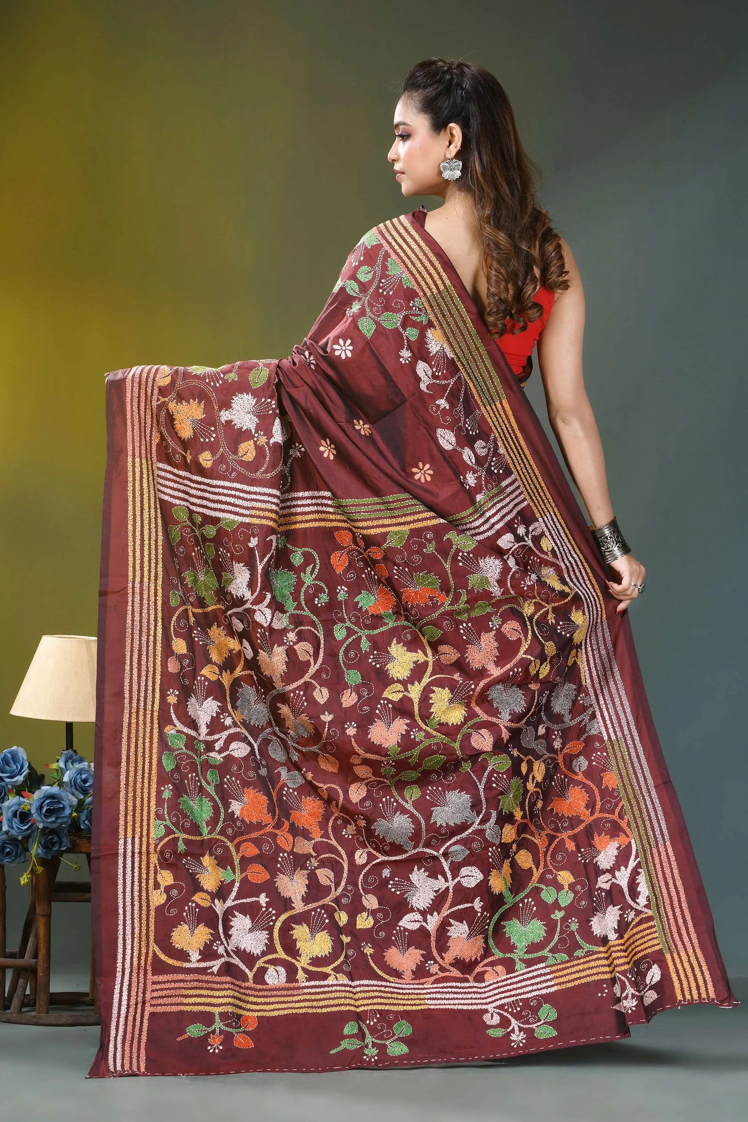 Wine hibiscus flower pattern hand embroidered silk kantha saree maroon silk saree intricate floral 4