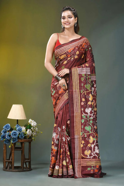 Wine hibiscus flower pattern hand embroidered silk kantha saree maroon silk saree intricate floral 6