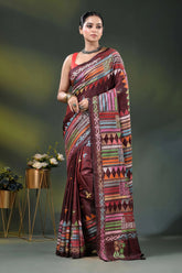 Wine kantha silk saree with multicolor geometric ethnic design 6