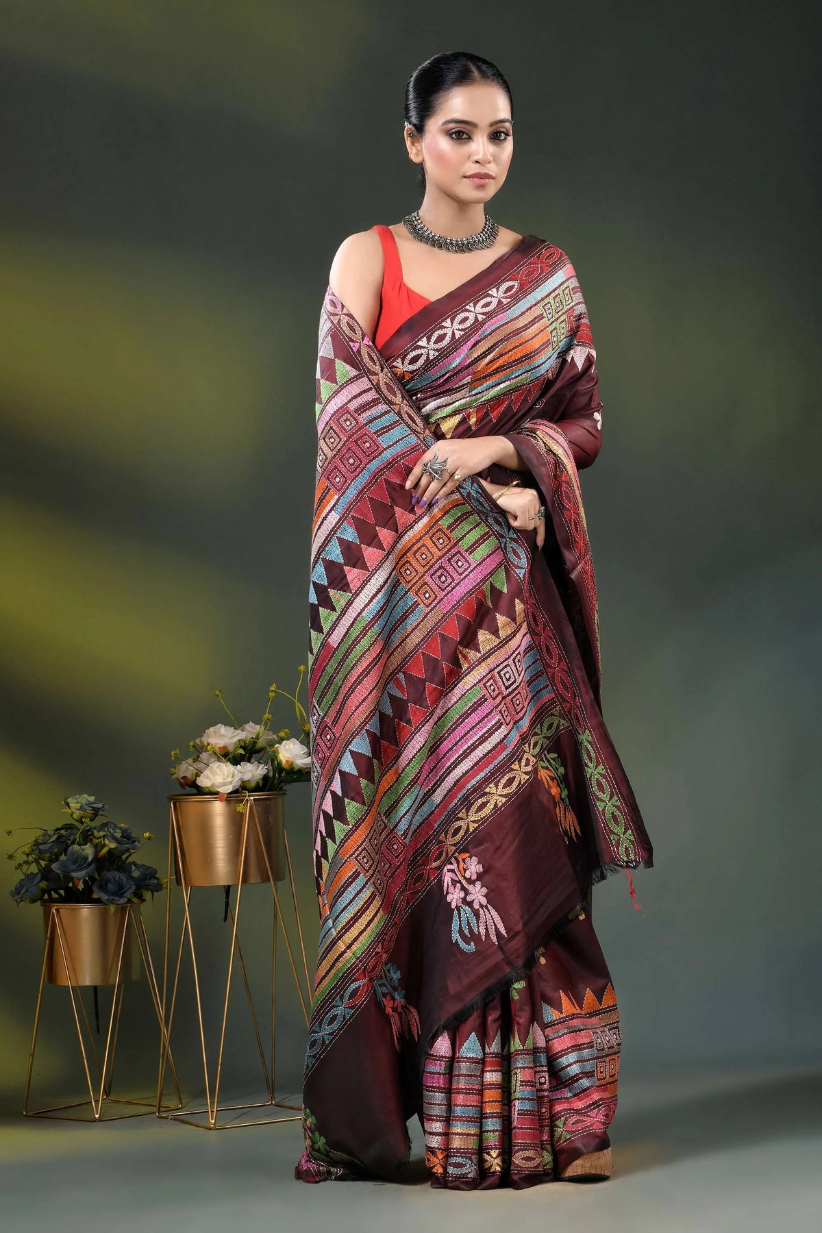 Wine kantha silk saree with multicolor geometric ethnic design 4