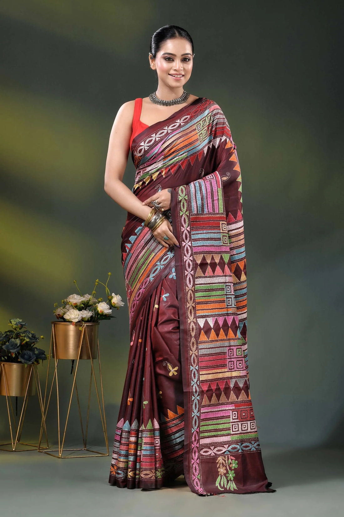 Wine kantha silk saree with multicolor geometric ethnic design 1