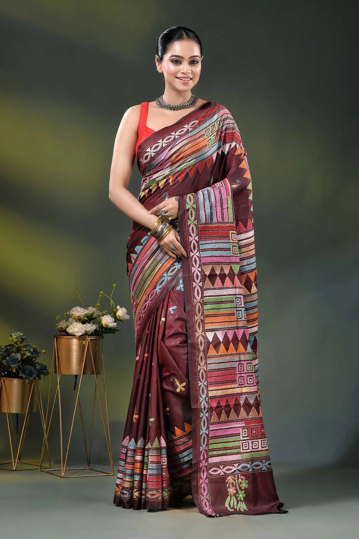 Wine kantha silk saree with multicolor geometric ethnic design 1