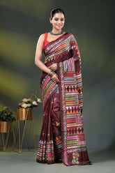 Wine kantha silk saree with multicolor geometric ethnic design 1
