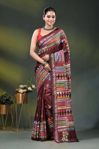 Wine kantha silk saree with multicolor geometric ethnic design 1
